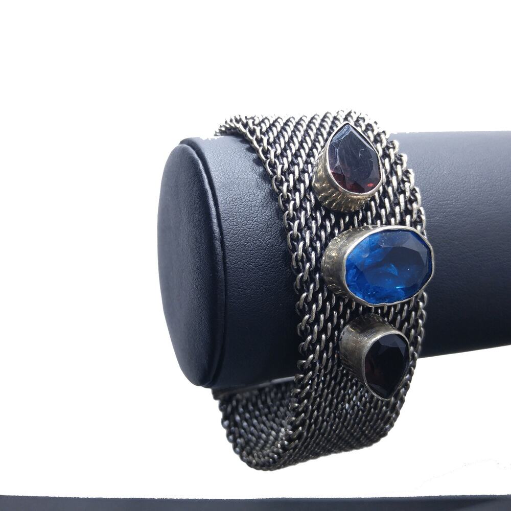 Silver Tone Mesh Bracelet, Three Glass Stones, Hook Clasp, 1960s Vintage Jewelry